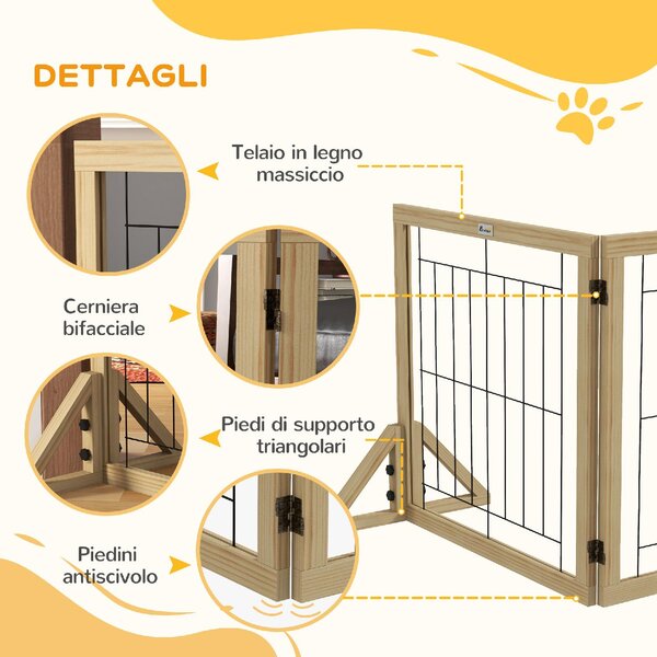 AllMyPets Cancellino per Cani Pieghevole con 3 Pannelli e Piedini Triangolari 210x70 cm colore Legno Naturale
