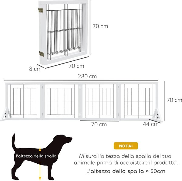 AllMyPets Cancellino per Cani Pieghevole con 4 Pannelli e Piedini Triangolari 280x70 cm colore Bianco