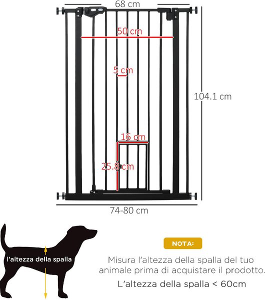 AllMyPets Cancellino per Cani Regolabile Alto con Porta Piccola e Chiusura Automatica 74-80x104 cm colore Nero - 24A481F