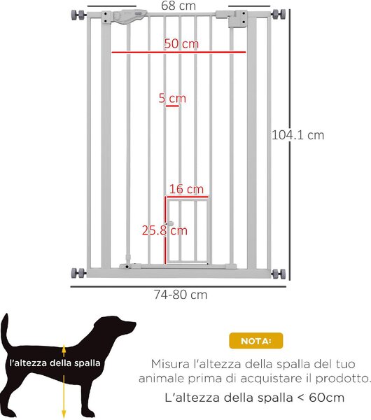 AllMyPets Cancellino per Cani Regolabile Alto con Porta Piccola e Chiusura Automatica 74-80x104cm colore Bianco - K589WT