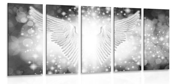 Quadri 5 pezzi – Ali in bianco e nero con elementi astratti