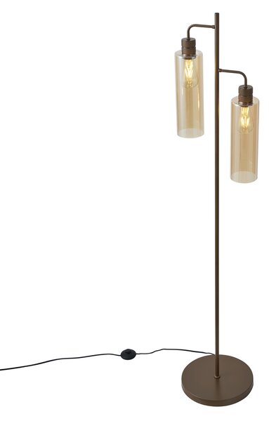 Lampada da terra Hotel Chic bronzo scuro con vetro ambrato 2 luci - Stavelot
