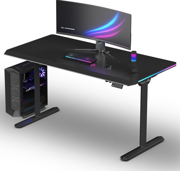 Ultradesk QUEST - Nero - Scrivania da gaming con regolazione elettronica dell'altezza e illuminazione LED RGB prismatica, piano di 140x70 cm, sistema di gestione dei cavi