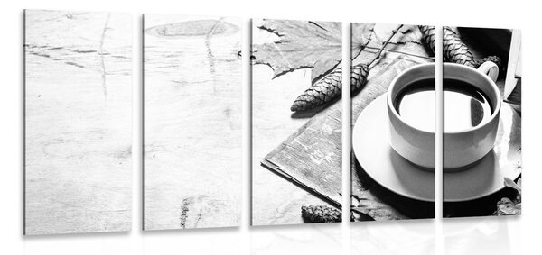 Quadri 5 pezzi – Tazza di caffè in autunno in bianco e nero