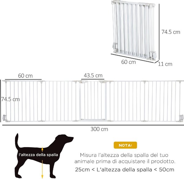 AllMyPets Cancellino per Cani Regolabile e Pieghevole con Chiusura Automatica e Blocco 300x74.5 cm colore Bianco