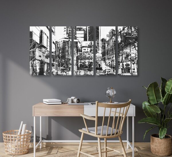 Quadri 5 pezzi – Panorami urbani astratti in bianco e nero
