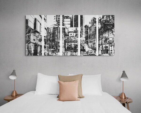 Quadri 5 pezzi – Panorami urbani astratti in bianco e nero