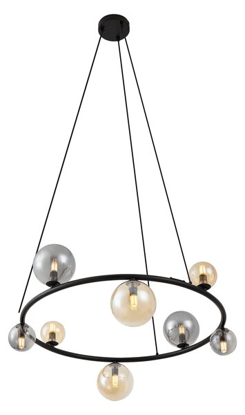 Lampada a sospensione nera con vetro fumé e ambrato rotonda a 8 luci - Monaco