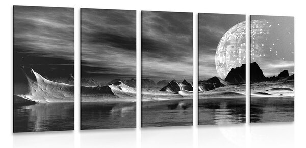 Quadri 5 pezzi – Pianeta futuristico in bianco e nero