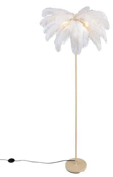 Lampada da terra Art Déco beige con piume bianche - Peahen