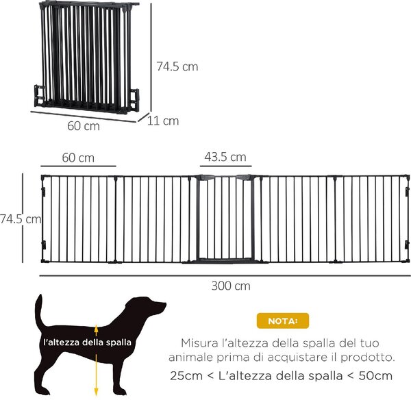 AllMyPets Cancellino per Cani Taglia Piccola e Media Pieghevole a 5 Pannelli in Metallo e Plastica 300x3x74.5 cm colore Nero - A23100AO10