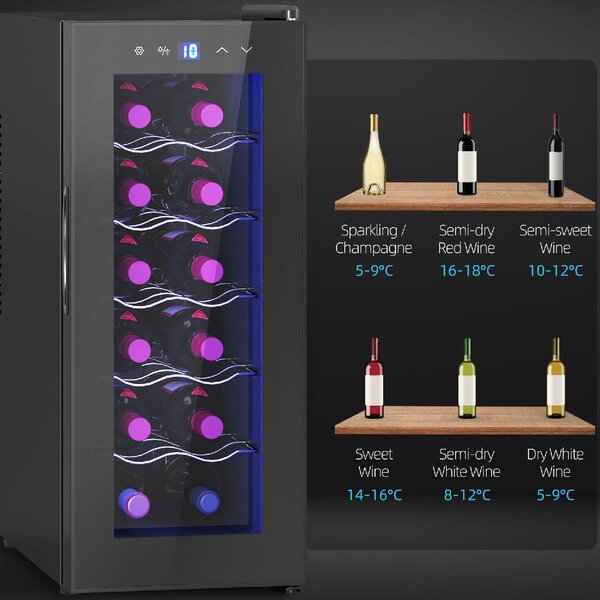 DecHome Cantinetta Frigorifero per 12 Bottiglie con Doppio Controllo Temperatura, Ripiani Regolabili e Luci colore Nero - U6991BK