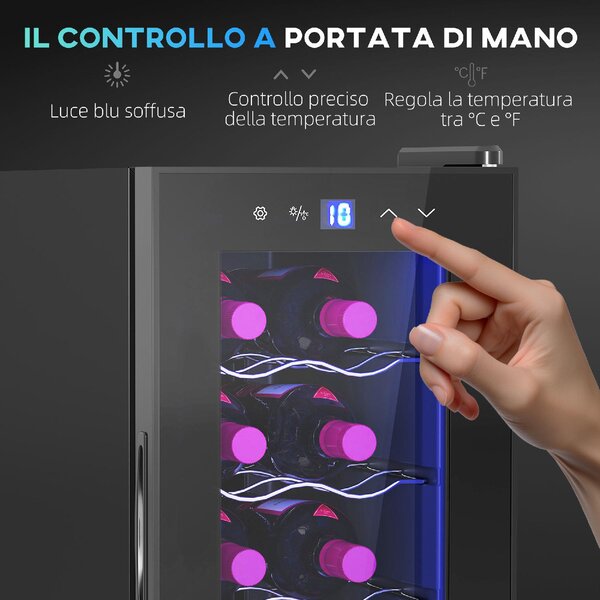 DecHome Cantinetta Frigorifero per 12 Bottiglie con Doppio Controllo Temperatura, Ripiani Regolabili e Luci colore Nero - U6991BK