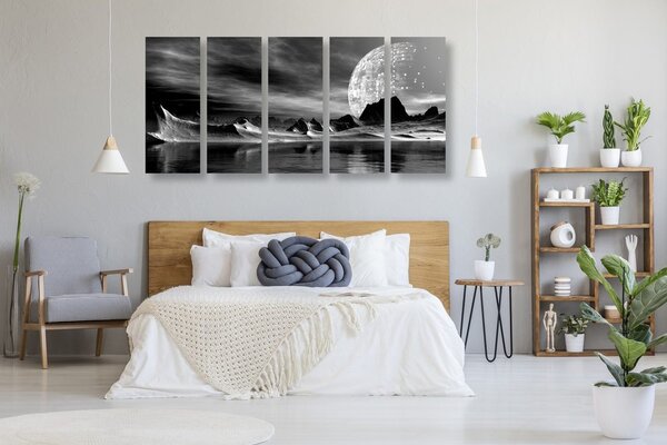 Quadri 5 pezzi – Pianeta futuristico in bianco e nero