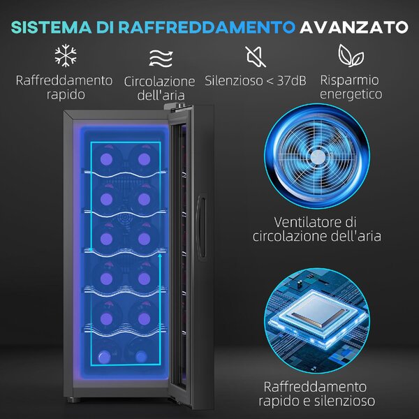 DecHome Cantinetta Frigorifero per 12 Bottiglie con Doppio Controllo Temperatura, Ripiani Regolabili e Luci colore Nero - U6991BK