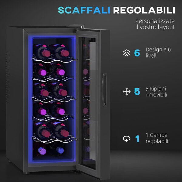 DecHome Cantinetta Frigorifero per 12 Bottiglie con Doppio Controllo Temperatura, Ripiani Regolabili e Luci colore Nero - U6991BK
