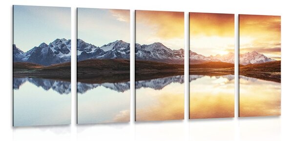 Quadri 5 pezzi – Tramonto abbagliante sul lago di montagna