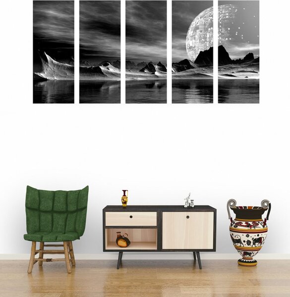 Quadri 5 pezzi – Pianeta futuristico in bianco e nero