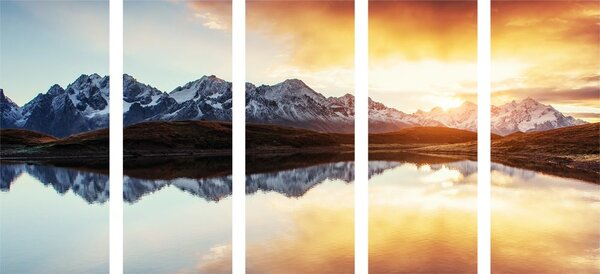 Quadri 5 pezzi – Tramonto abbagliante sul lago di montagna