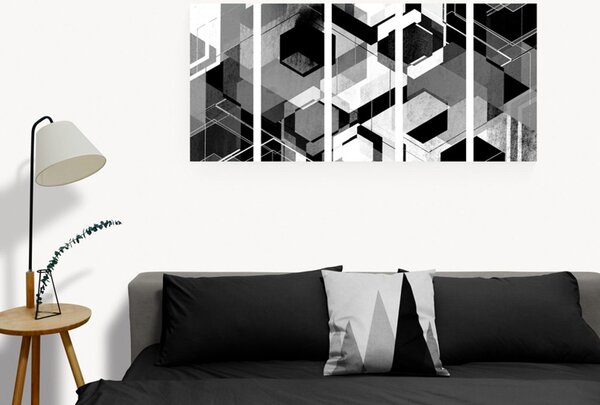 Quadri 5 pezzi – Geometria astratta in bianco e nero