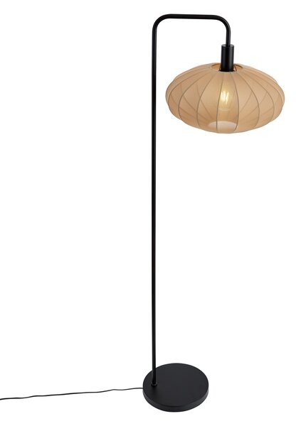 Lampada da terra Japandi nera con paralume in tessuto marrone - Bida