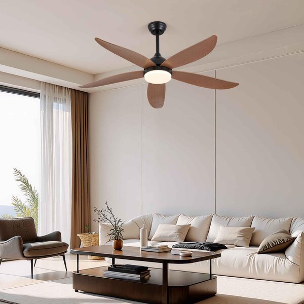 Ventilatore da soffitto ZELURXX con LED, 132 cm (52 pollici), 5 pale, nero effetto legno, reversibile, controllo tramite app, intensità regolabile, 3 temperature di colore, silenzioso, per estate e inverno