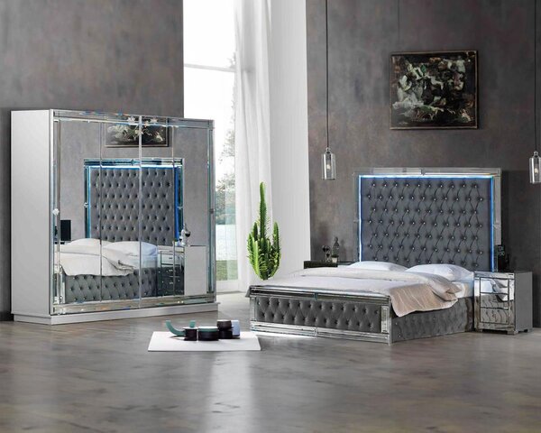 Letto matrimoniale moderno Chesterfield grigio Elegante armadio Comodini