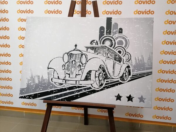 Quadro su tela – Auto in bianco e nero con sfondo vintage
