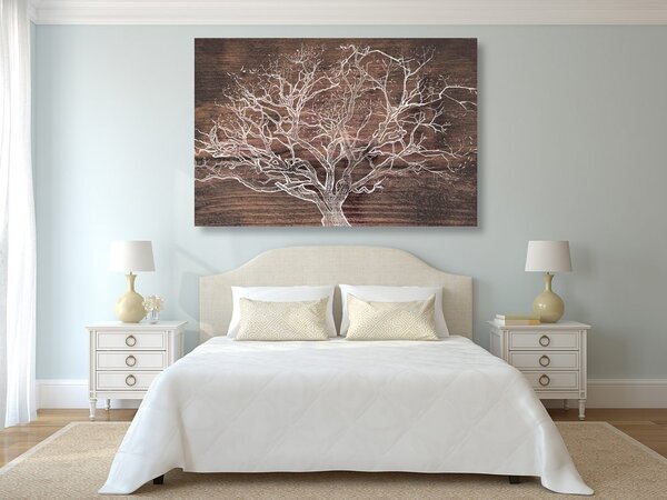 Stampa su tela – Corona dell'albero su sfondo di legno