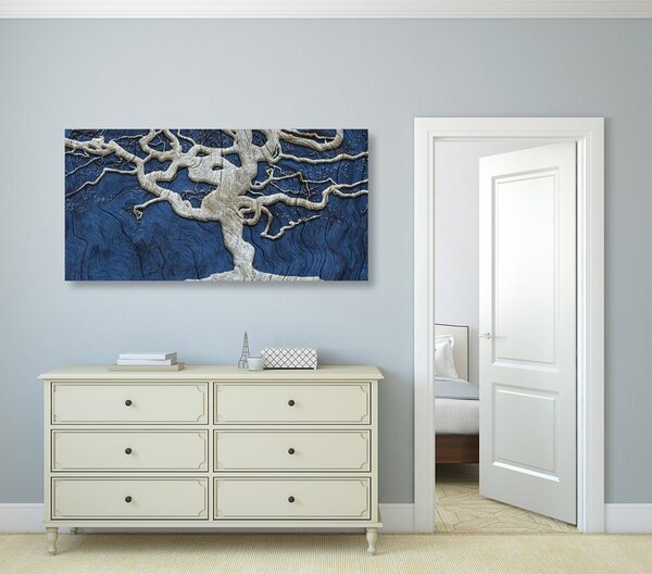 Stampa su tela – Albero astratto su legno con contrasto blu