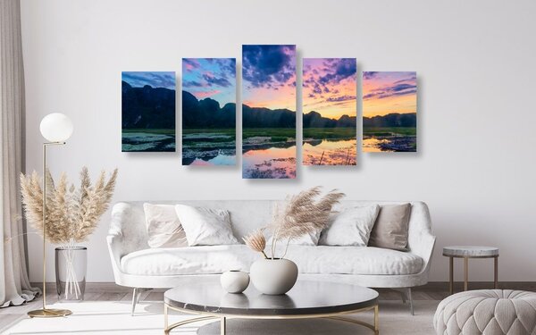 Quadri 5 pezzi – Tramonto romantico in montagna