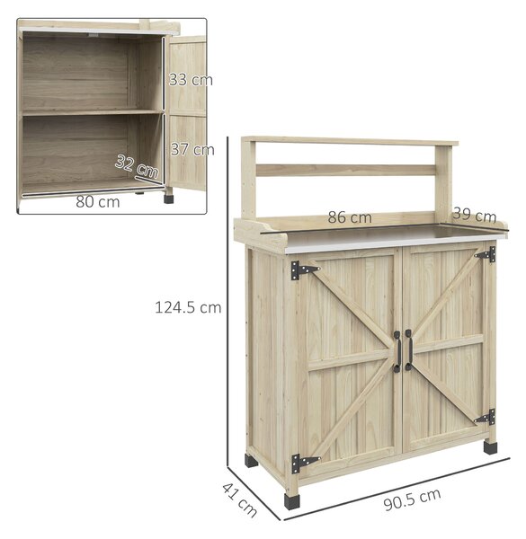 Outsunny Tavolo da rinvaso tavolo da giardinaggio armadietto e ripiani e piano con piedini antiscivolo 90,5x41x124,5cm legno naturale | Aosom Italy