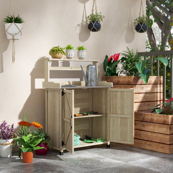 Outsunny Tavolo da rinvaso tavolo da giardinaggio armadietto e ripiani e piano con piedini antiscivolo 90,5x41x124,5cm legno naturale | Aosom Italy