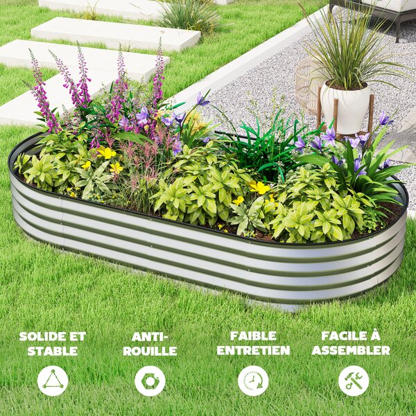 Fioriera rialzata in acciaio zincato letto da giardino bordo gomma 181 x 93 x 30 cm argento Outsunny | Aosom Italy