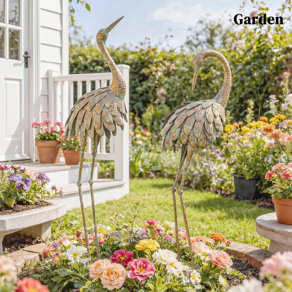 Outsunny Set da 2 Statue da Giardino, Scultura di Airone in Metallo, Statue di uccelli 91/95cm, per Cortile, Stagno, Terrazza, oro/blu | Aosom Italy