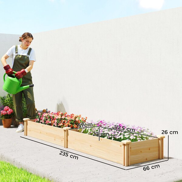 Outsunny Aiuola rialzata in legno, vasca per piante con divisorio e fondo aperto, serra da giardino 235 x 66 x 26 cm Legno naturale | Aosom Italy