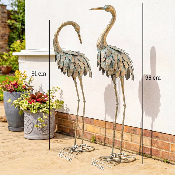 Outsunny Set da 2 Statue da Giardino, Scultura di Airone in Metallo, Statue di uccelli 91/95cm, per Cortile, Stagno, Terrazza, oro/blu | Aosom Italy