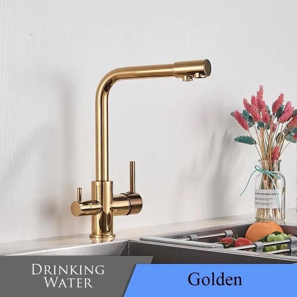 Rubinetto da cucina con filtro - Rubinetto a 3 vie - Acqua calda e fredda - Acqua potabile - A due maniglie - Montaggio a incasso in un unico foro - Ottone - Oro