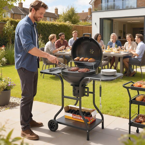 Outsunny Barbecue a carbone BBQ Smoker con tavoli laterali termometro nel coperchio ruote 129 x 63,5 x 106,5 cm | Aosom Italy