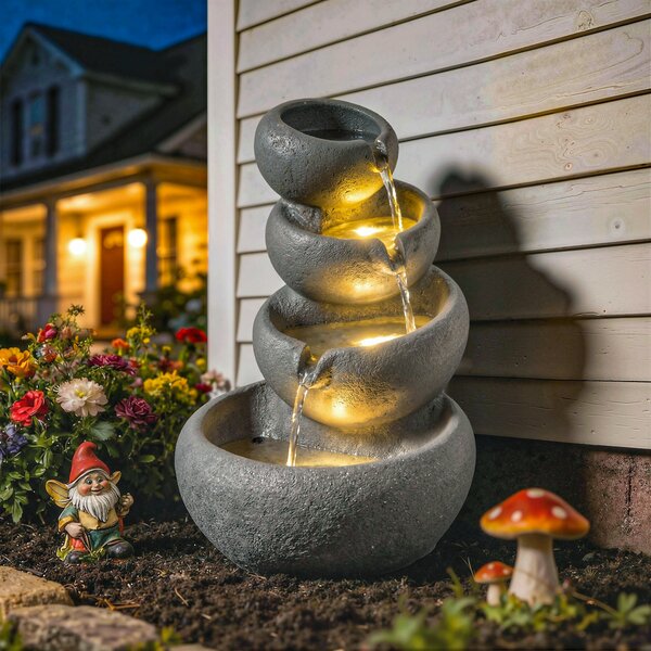 Outsunny Fontana da esterno in resina 4 livelli Fontana da giardino con illuminazione LED Pompa Effetto pietra 35 x 32 x 50 cm | Aosom Italy