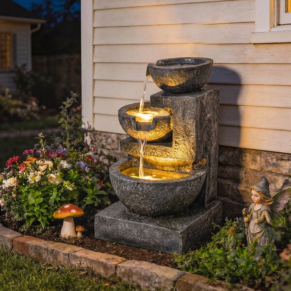 Outsunny Fontana a 3 livelli per giardino con illuminazione LED, pompa, effetto pietra, regolabile 40 x 37 x 61 cm | Aosom Italy