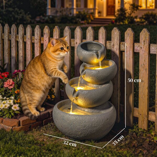 Outsunny Fontana da esterno in resina 4 livelli Fontana da giardino con illuminazione LED Pompa Effetto pietra 35 x 32 x 50 cm | Aosom Italy