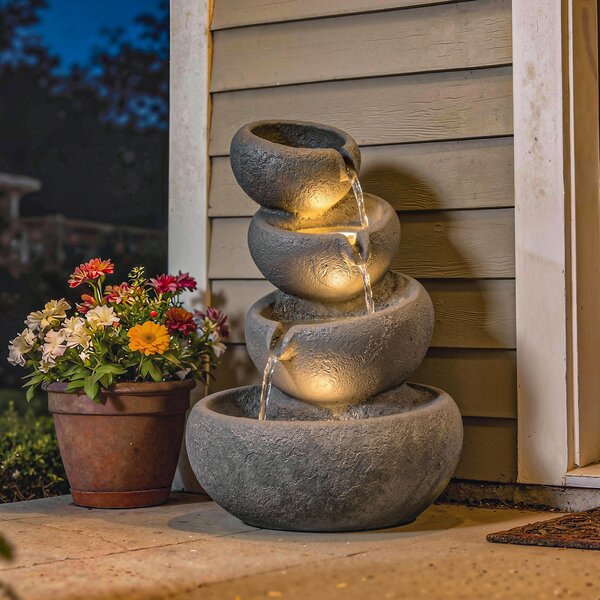 Outsunny Fontana da esterno in resina 4 livelli Fontana da giardino con illuminazione LED Pompa Effetto pietra 35 x 32 x 50 cm | Aosom Italy