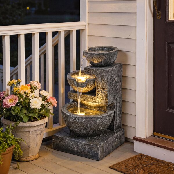 Outsunny Fontana a 3 livelli per giardino con illuminazione LED, pompa, effetto pietra, regolabile 40 x 37 x 61 cm | Aosom Italy
