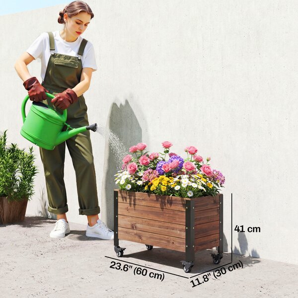 Outsunny Fioriera da Esterno in Legno con Ruote con Foro di Drenaggio e Tessuto Non Tessuto Fioriera 60x30x41 cm Marrone Scuro | Aosom Italy