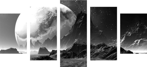Quadri 5 pezzi – Paesaggio fantastico in bianco e nero