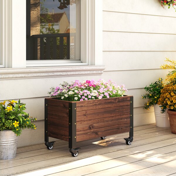 Outsunny Fioriera da Esterno in Legno con Ruote con Foro di Drenaggio e Tessuto Non Tessuto Fioriera 60x30x41 cm Marrone Scuro | Aosom Italy