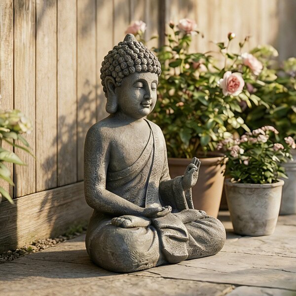 Outsunny Statua da Giardino, Scultura di Buddha Seduto in Ossido di Magnesio, Decorazione Spirituale 32 x 23 x 51 cm, Grigio Scuro | Aosom Italy