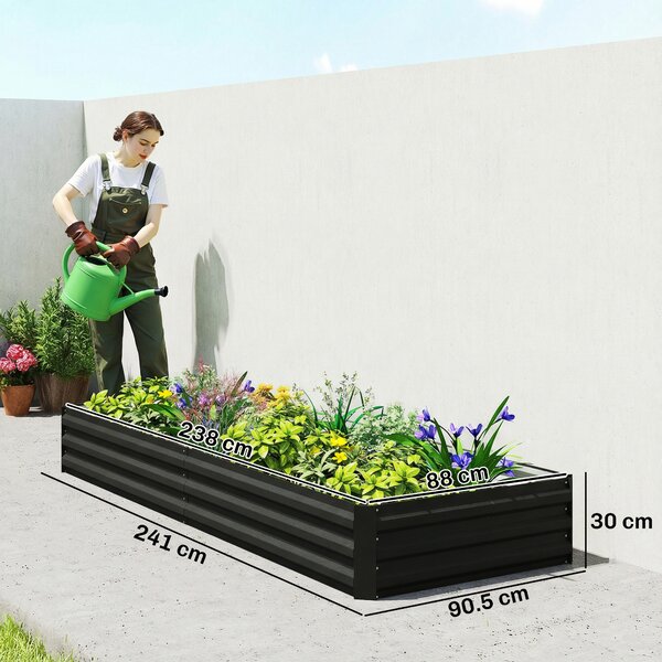 Outsunny Cassettone orto da giardino rettangolare fioriera da esterno 241 x 90,5 x 30 cm lamiera d'acciaio ondulata nero | Aosom Italy
