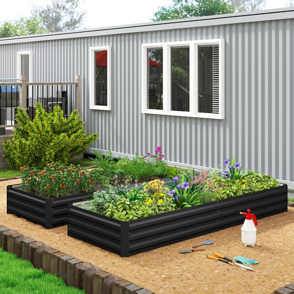 Outsunny Cassettone orto da giardino rettangolare fioriera da esterno 241 x 90,5 x 30 cm lamiera d'acciaio ondulata nero | Aosom Italy